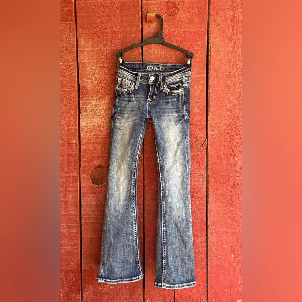 Grace Kids/Girl's Blue Faded Bootcut Jeans